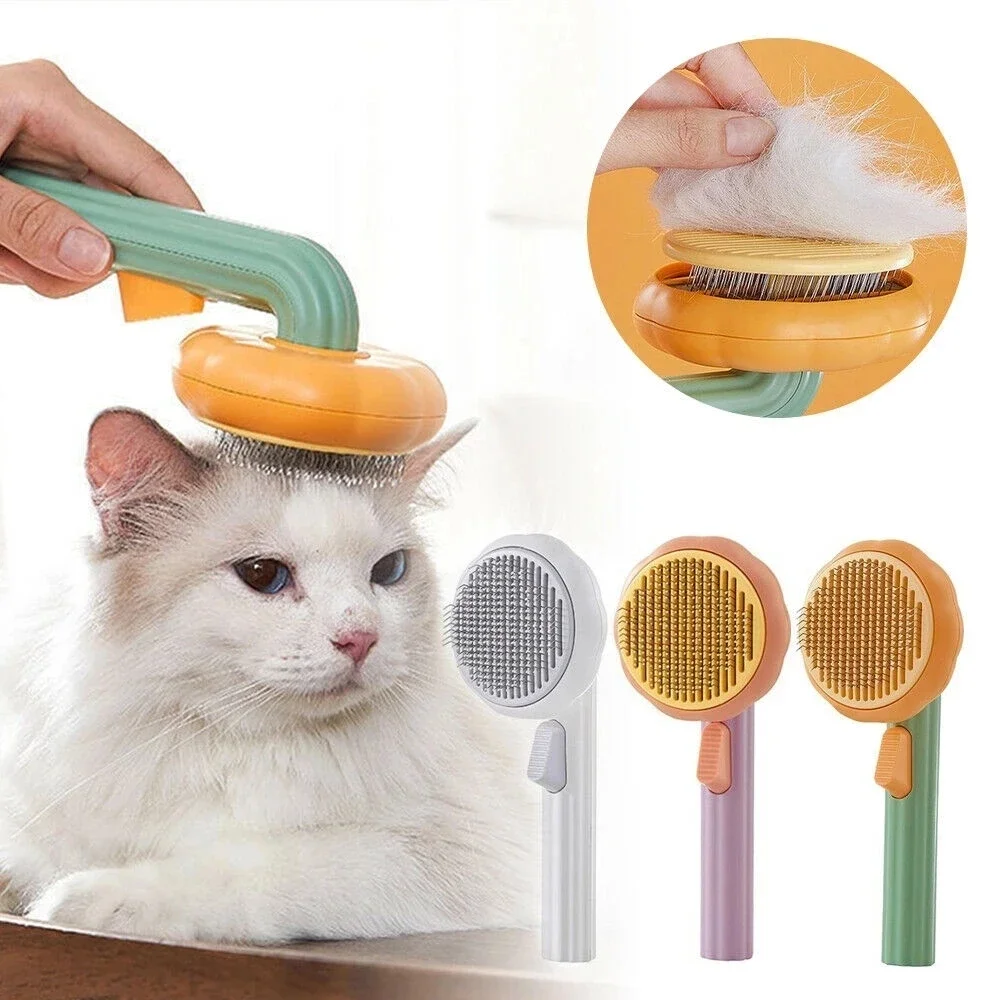 Pet Grooming Brush Comb - Removes Loose Underlayers, Tangled Hair, Shedding Self Cleaning - Pumpkin Cat Hair Remover