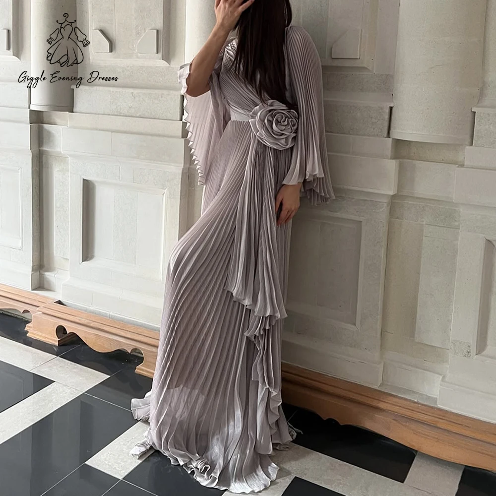 

Women's Long Prom Party Dress Folds Flare Sleeve O Neck Floor Length Tight Waist Flower A Line Formal Evening Gown Customized