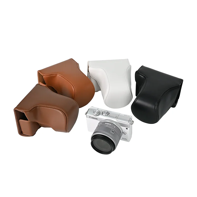 Oil Skin Camera Bag PU Leather Case Full Body Cover for Canon EOS M200 M100 M10 18-45mm Lens Protective Shell + Shoulder Strap