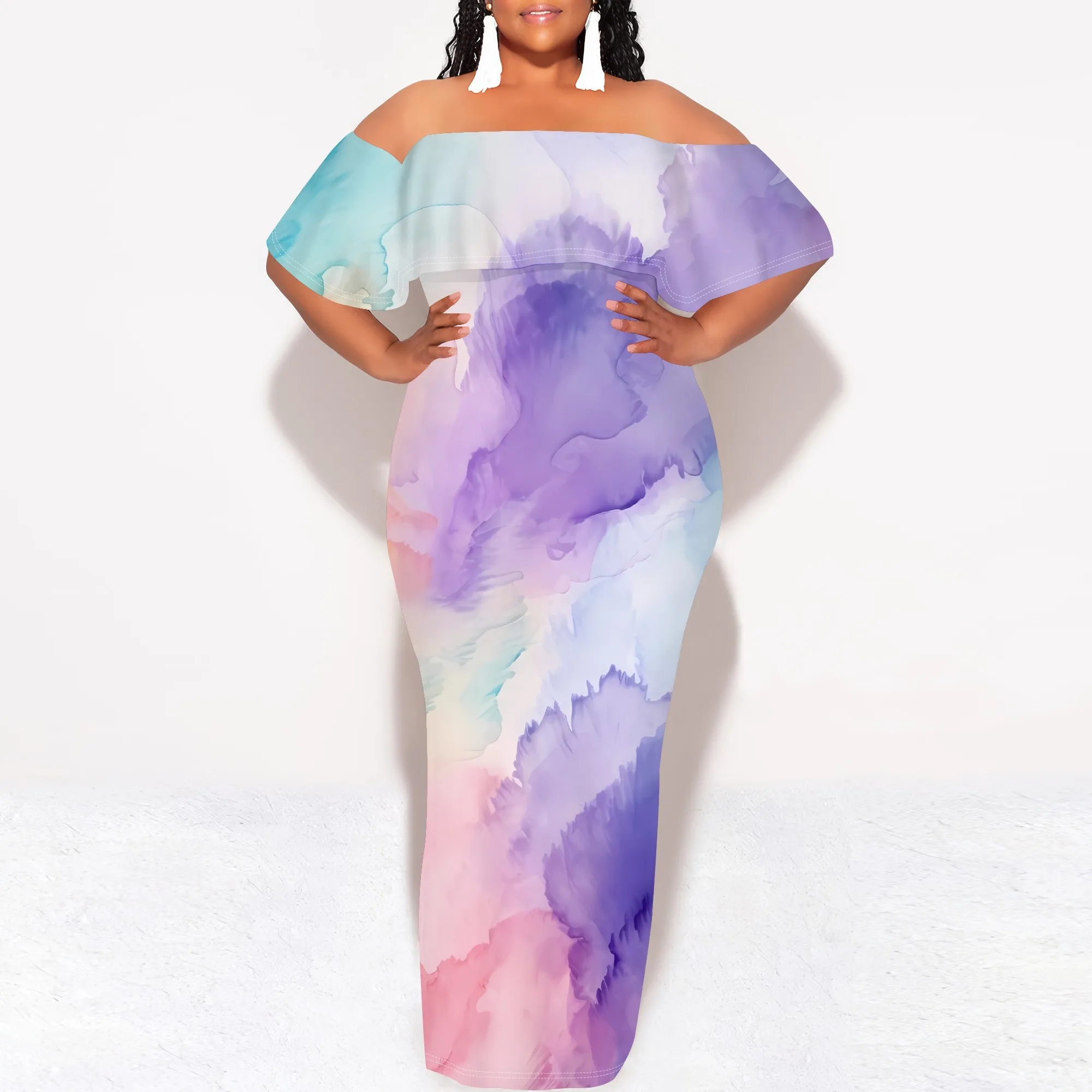 

Nupusa Watercolor Print Dress for Women Plus Size Summer Casual Off - Shoulder Bodycon Maxi Dress