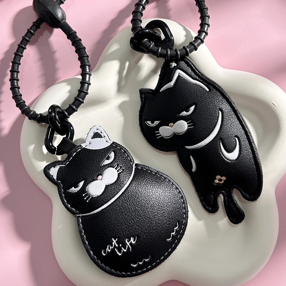 Cool Black Slacker Cat Leather Keychain - Edgy Minimalist Couple Set, Cute Bag Charm & Unique Niche Gift for Cat Lovers