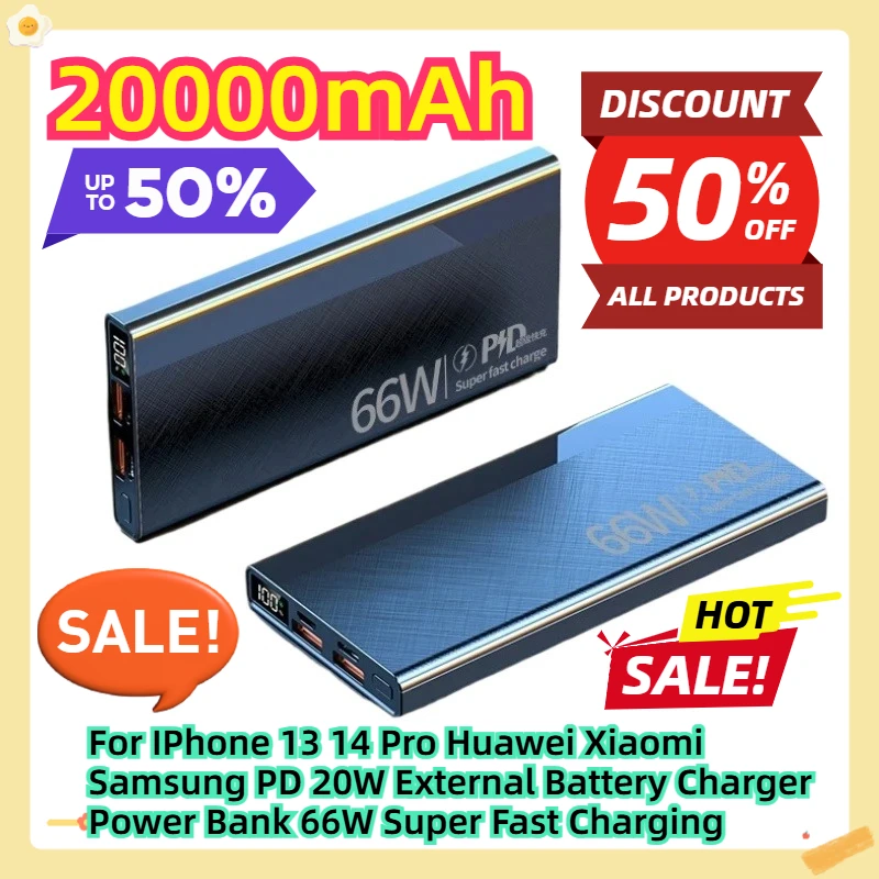 

For IPhone 13 14 Pro Huawei Xiaomi Samsung PD 20W External Battery Charger 20000mAh Power Bank 66W Super Fast Charging