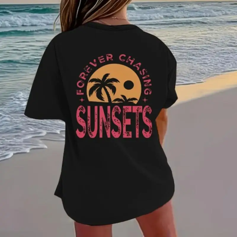 

Summer Plus Size Women's Casual Short Sleeve T-Shirt | Tropical Palm Tree & "Forever Class In Sunsets" Graphic Print,
