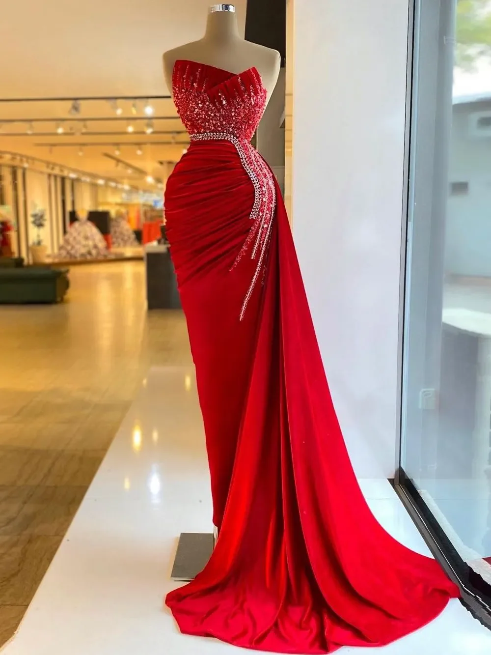 Red gorgeous elegant sparkling mermaid sexy backless pleated buttock bag women's luxurious party ball Formal evening dress