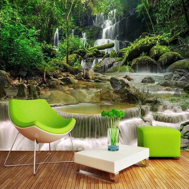 Custom Any Size 3D Wall Murals Wallpaper Green Nature Landscape Forest Waterfall Photo Background Wall Painting Papel De Parede