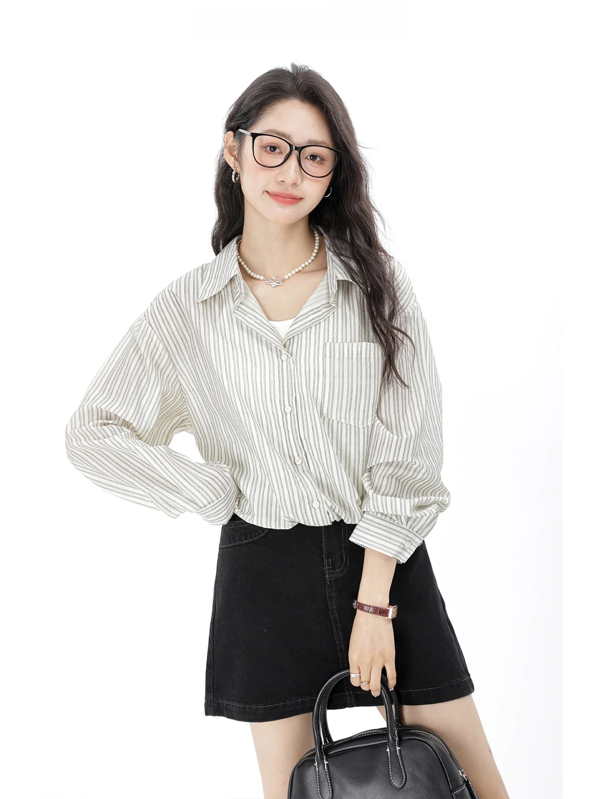 

Ele ort Striped irt Fake Two-Piece Spring Summer Women's Korean Sle Faionable Top Casual Vintage Cheered Blouse
