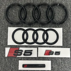 For AUDI S5 2010-2019 2PCS 4Ring logo ABS Black Car Hood Front Grill Emblem Rear Trunk Badge Sticker 2P S5 1P Audi Sport