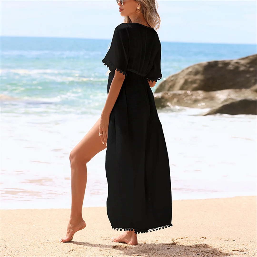 Neues, kurzärmeliges, hoch geschnittenes, gehäkeltes, gestricktes Tunika-Strandkleid, Strandmode, Damen-Strandkleid, Strand-Cover-up, Damen V7659 – Detail 11