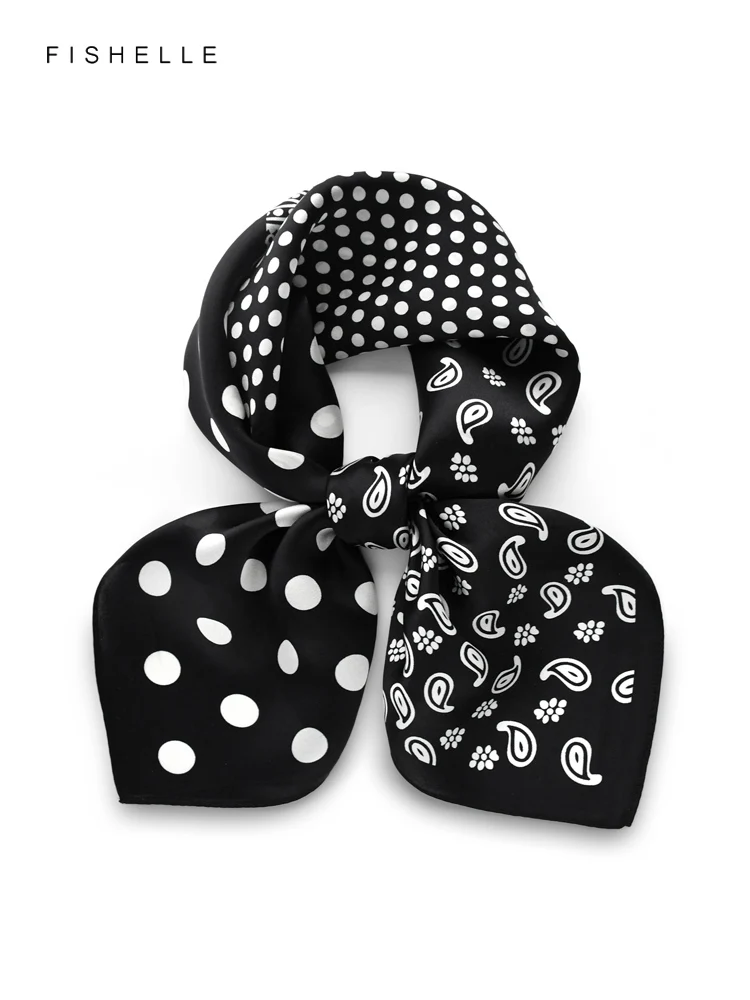 

Black polka dot Paisley 100% natural silk scarf satin hijab shawl wrap luxury gifts headband 65cm women men tie kerchief