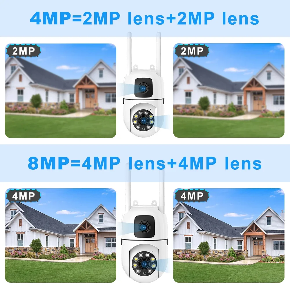 4PCS 8MP HD Wifi Surveillance PTZ Camera Outdoor Dual Lens Dual Screen AI Auto Tracking IP Security Protection Camera CCTV Video