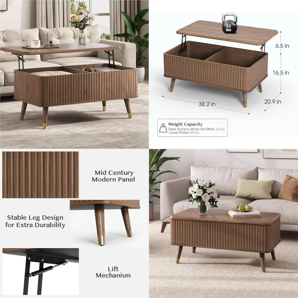 

Mid Century Modern Lift Top Coffee Table with Storage, 38-inch Fluted Center Table for Living Room