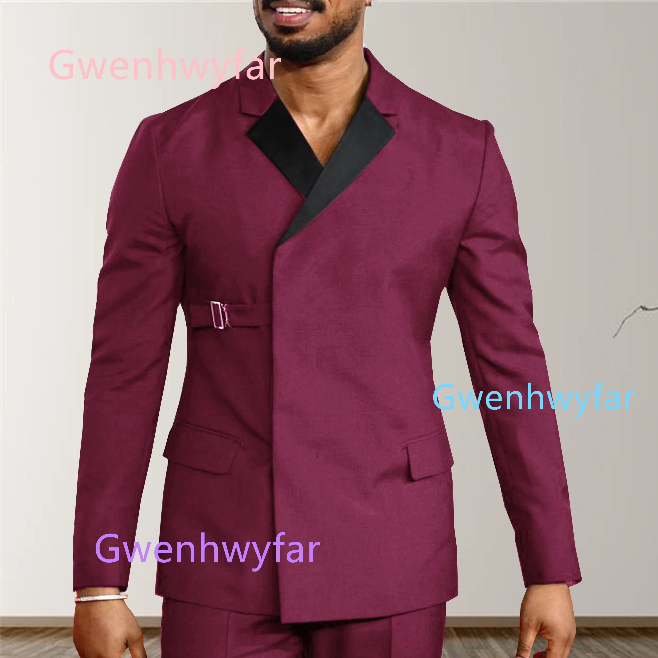 

G&N Wine Red Men's Suit with Short Black Satin Lpael 2026 New Young Men's Fashionable Party Dress (Blazer+Pants) )