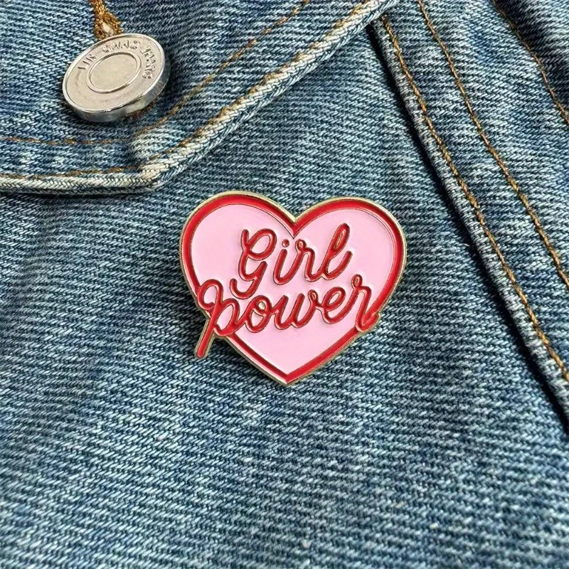 1pc 'Girl Power' Pink Heart Enamel Pin For Girls, Feminine Motivation Metal Badge, Fashion Accessory, Elegant Style Brooch