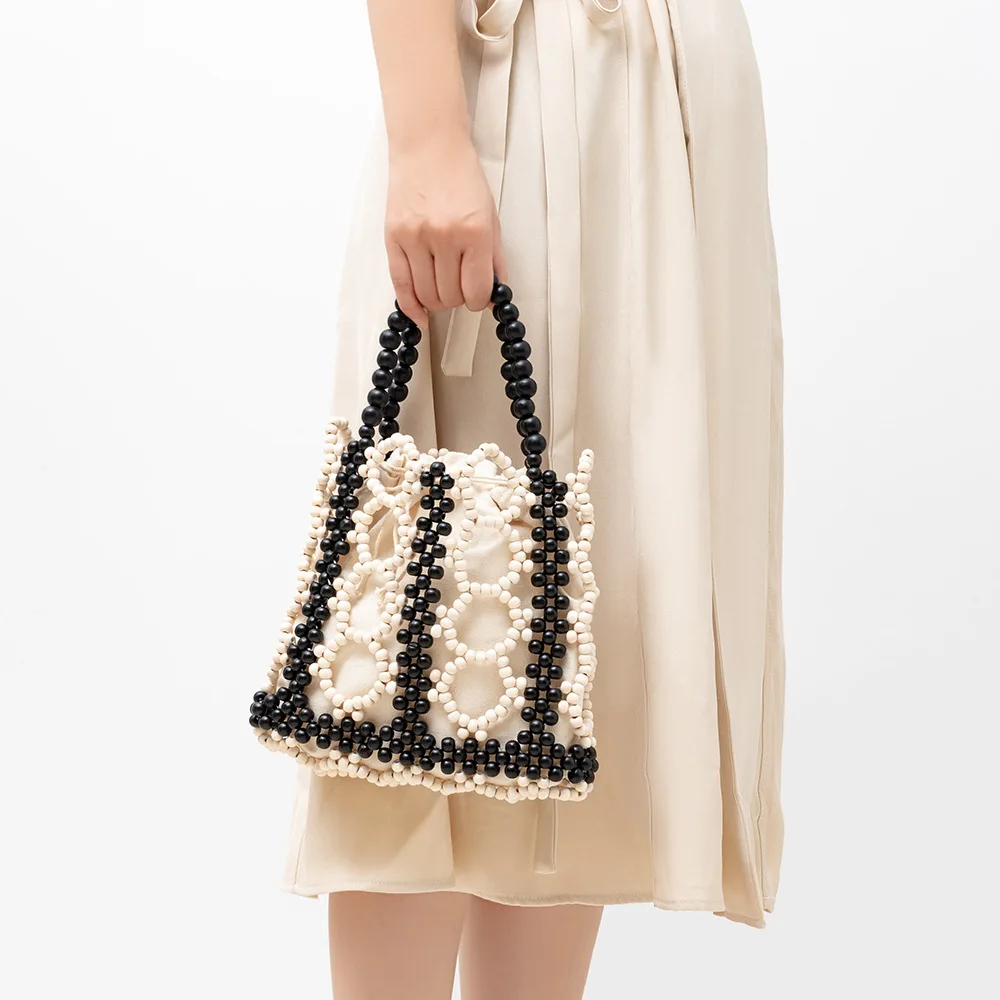 White Black Customized Wood Beads Bags Handmade Retro Top-Handle Women Fashion Summer Handbag Ladies Party Clutch 2023 Tote