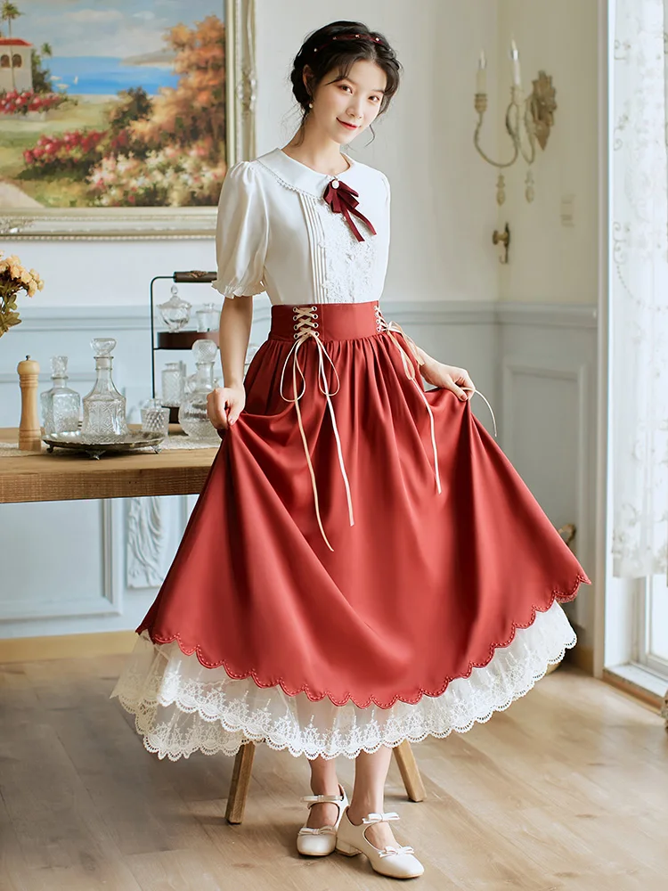 Lolita Style Two Piece Skirt Set Women Summer Peter Pan Collar Short Sleeve Bow Shirt and Lace Patchwork Long Skirts Outfits