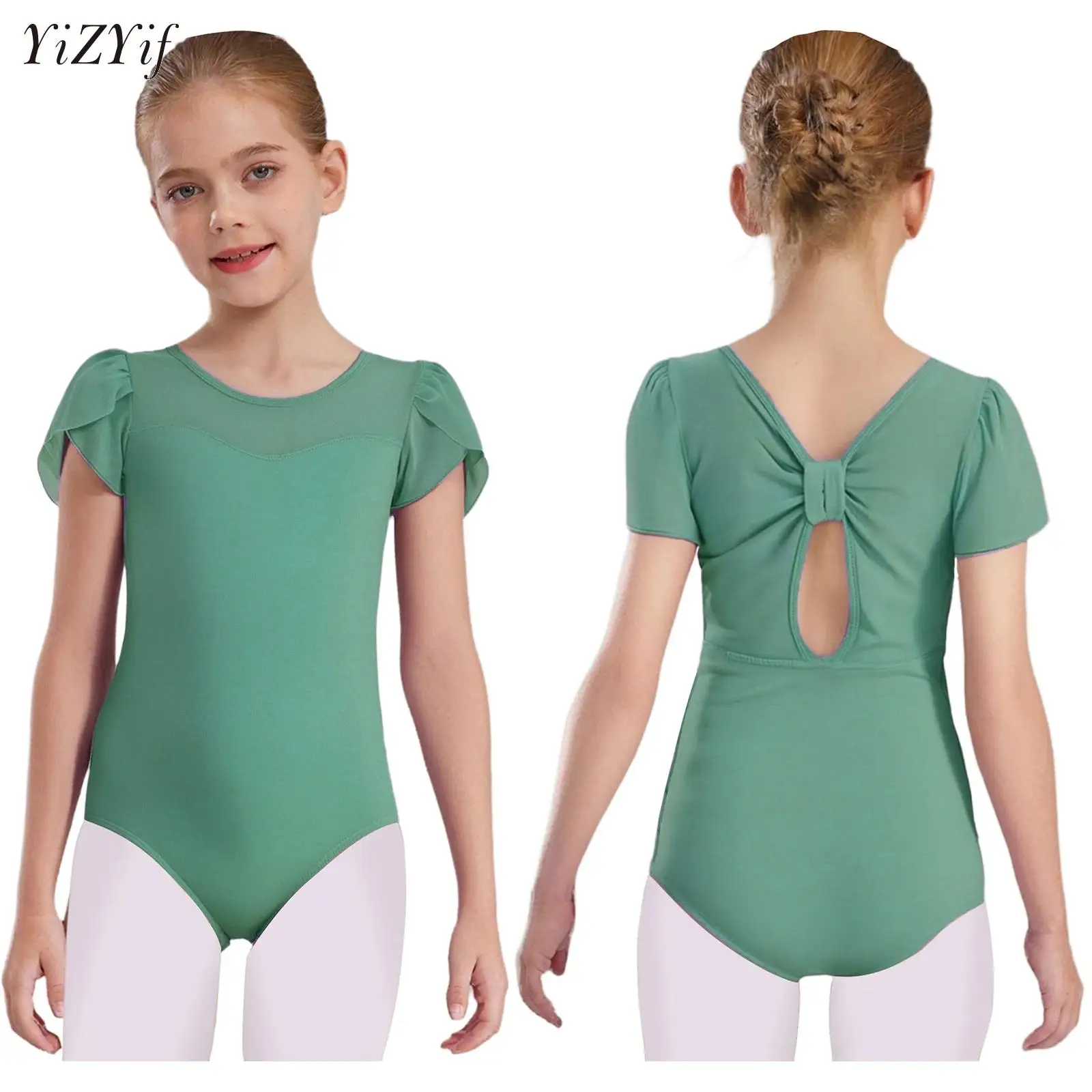 

Girls Short Petal Sleeve Dance Leotard for Ballet Big Little Girls Gymnastics Dancewear Sheer Mesh Patchwork Ballerina Jersey