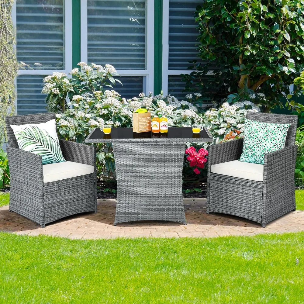 3 Pieces Patio Dining Set, PE Rattan Bistro Set with Tempered Glass Top Table and Cushioned Chairs, Outdoor Furniture Dining Set