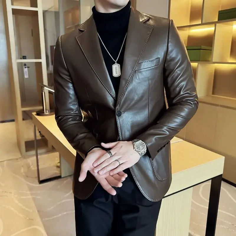 Men's 2025 New Leather Suit: Casual & Business Style, Slim Fit, Spring Autumn Fashion, Handsome & Premium