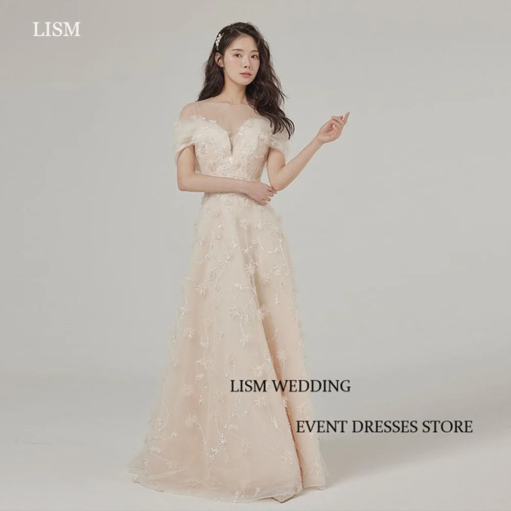 LISM Korea Lady Sweetheart Neck A-LINE Wedding Party Dresses Lace Off the Shoulder Floor Length Photo Shoot Bridal Gowns