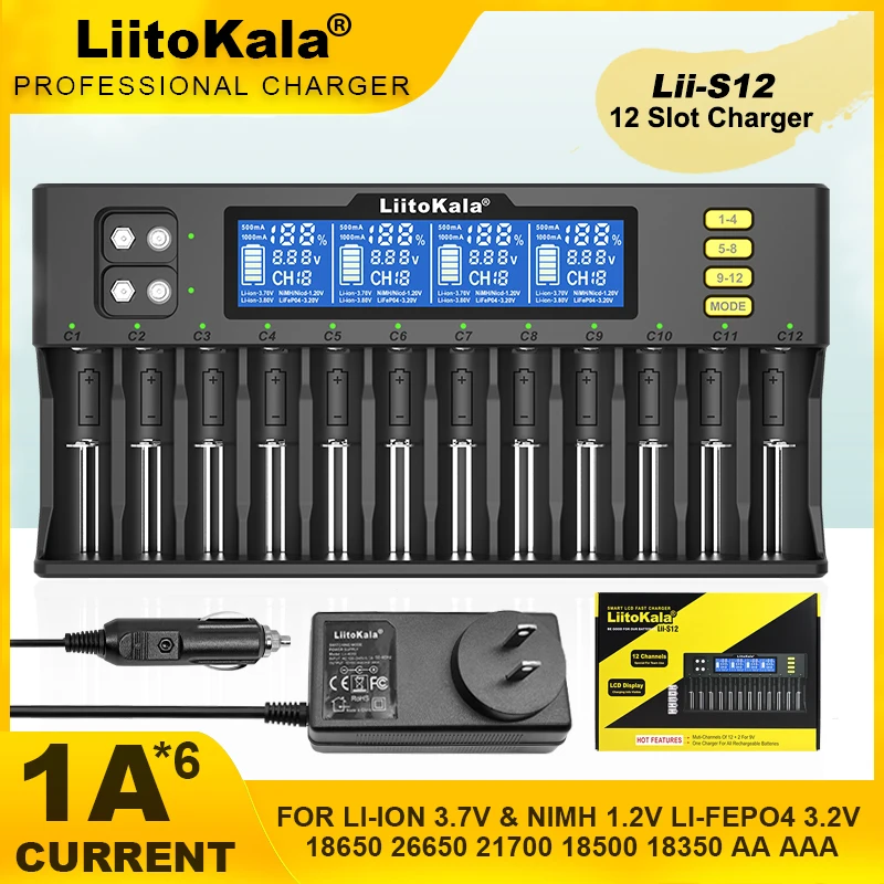 LiitoKala Lii-S12 PD2 18650 Battery Charger LCD Display 12 Trough For 1.2V 3.8V 3.2V 3.7V IMR NiMH/Cd 18650 26650 26700 AA AAA