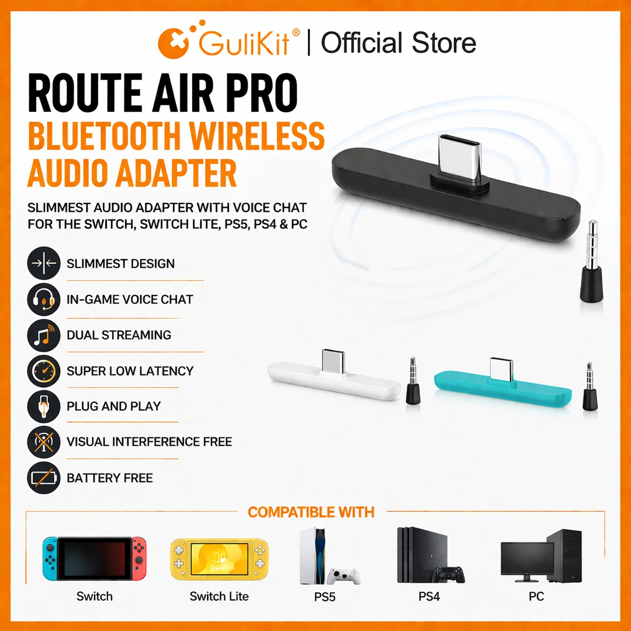 Gulikit Route Air Pro Bluetooth Audio Typ-C Sender mit Mikrofon für PS5 Nintendo Switch & Switch Lite NS OLED PS4 PC