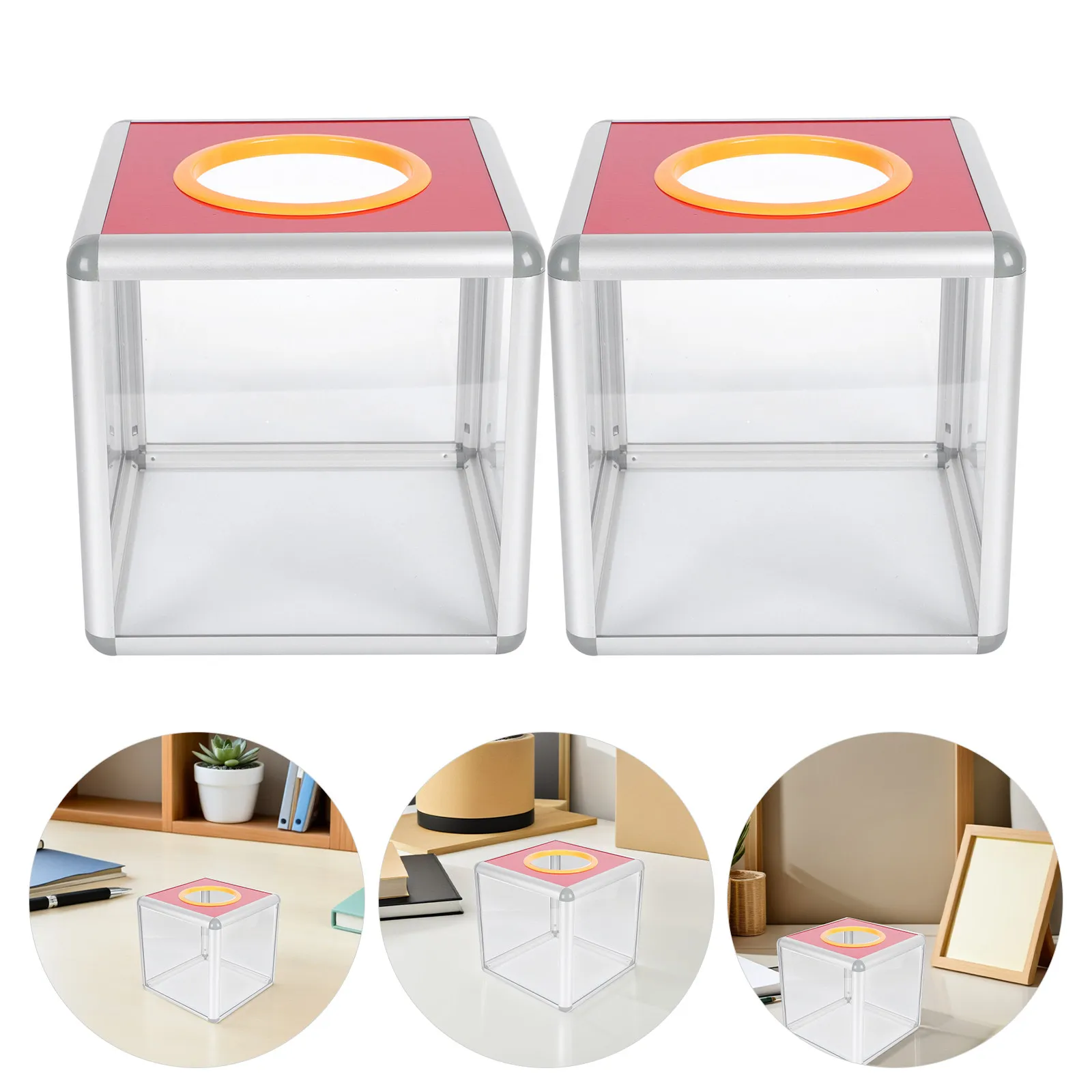 2Pcs Transparent Raffle Box Alloy Frame Drawing Box Ballot Ticket Donation Container for Prize Draw Voting
