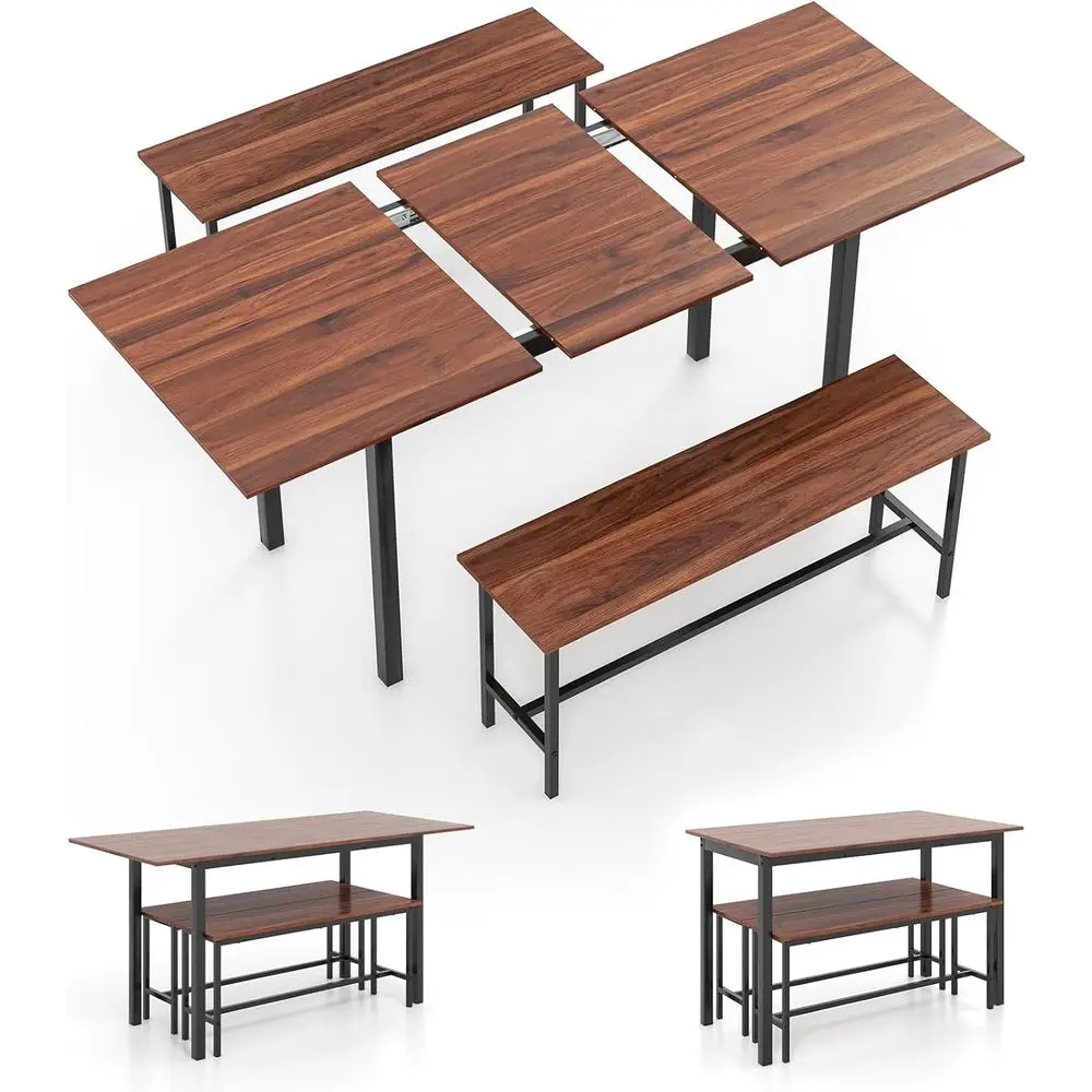 

63 Walnut 4-8 Seater Extendable Dining Table with 2 Benches for Kitchen, Dining, Living Spaces