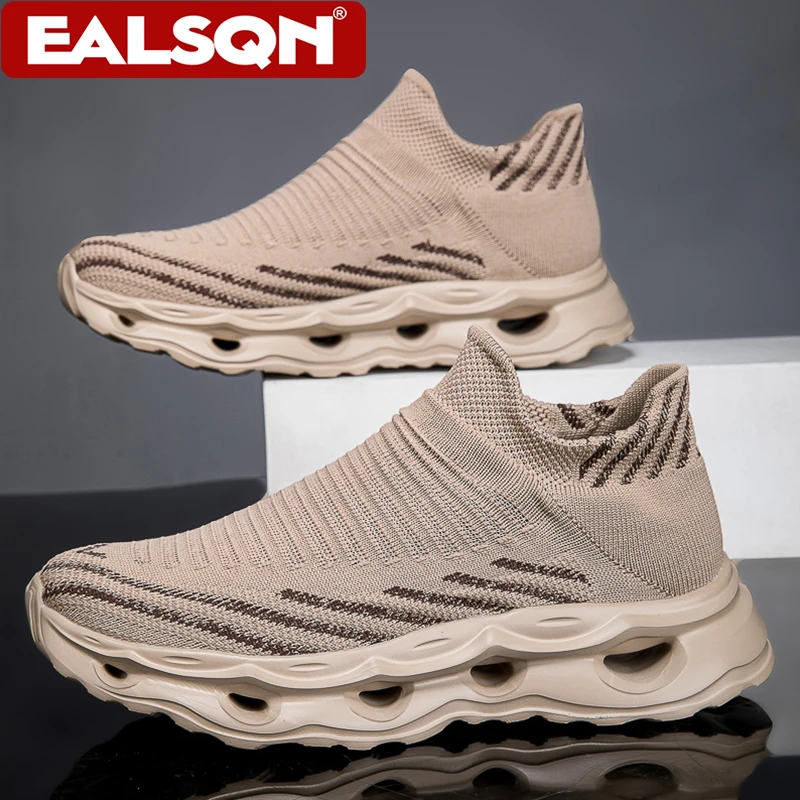 Unisex Slip‑on Flying Knit Sneakers Breathable Mesh Sock Shoes Men Lightweight Thick Sole Casual Walking Sports Footwear