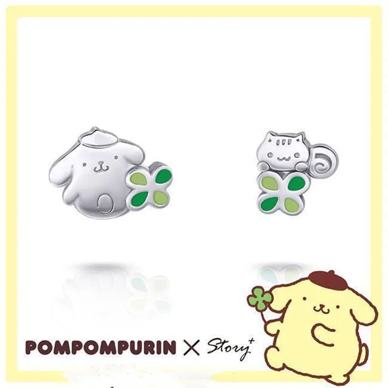 2025 Miniso Purin Bagel Clover Earrings 925 Silver Needle Cute Sweet Asymmetric Senior Design Earrings Toys Girl Birthday Gift