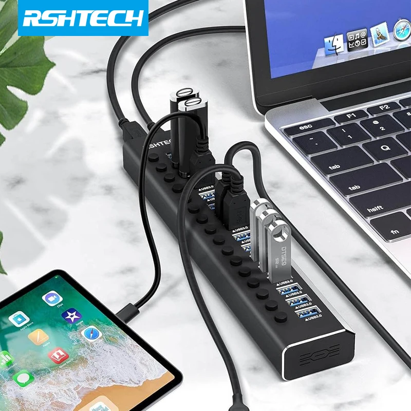 RSHTECH 100W Powered USB 3.0 Hub 16 Port Expander 5Gbps USB Splitter with Switches Power Adapter for Laptop Accessories MacBook