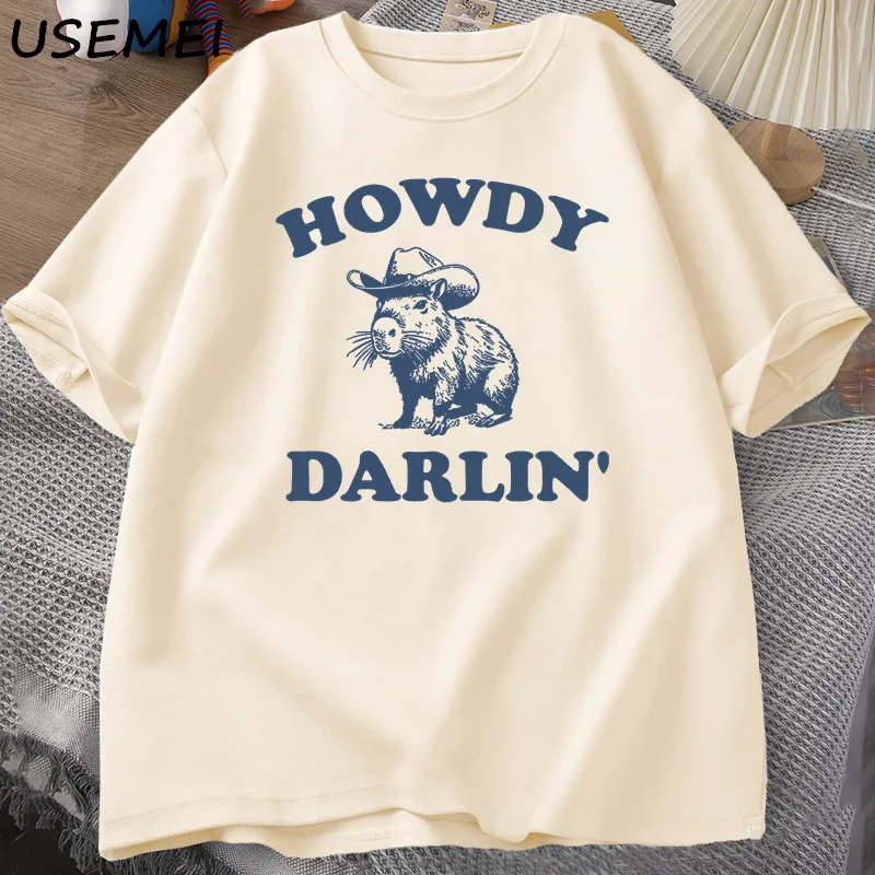 Vintage 90s Funny Capybara T Shirt Women Retro Y2k Aesthetic Cute Howdy Darlin T-Shirt Funny Meme T-Shirts Cowboy Graphic Tees