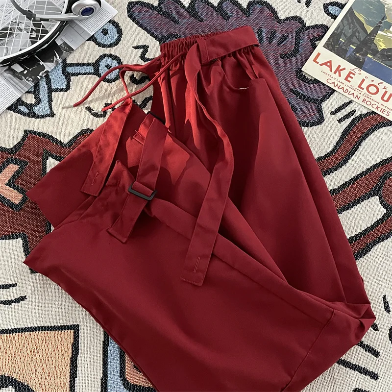 Street American Hip-hop Red Workwear Pants for Men Women Elastic Waistband Trousers Cityboy Design Loose Wide Leg Casual Pants