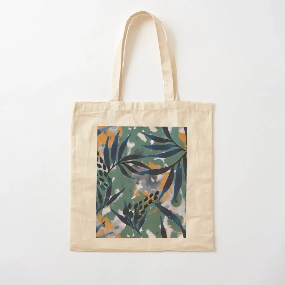 

Indigo leaf pattern on green and orange background with blue flowers Tote Bag Shopper bag the screen