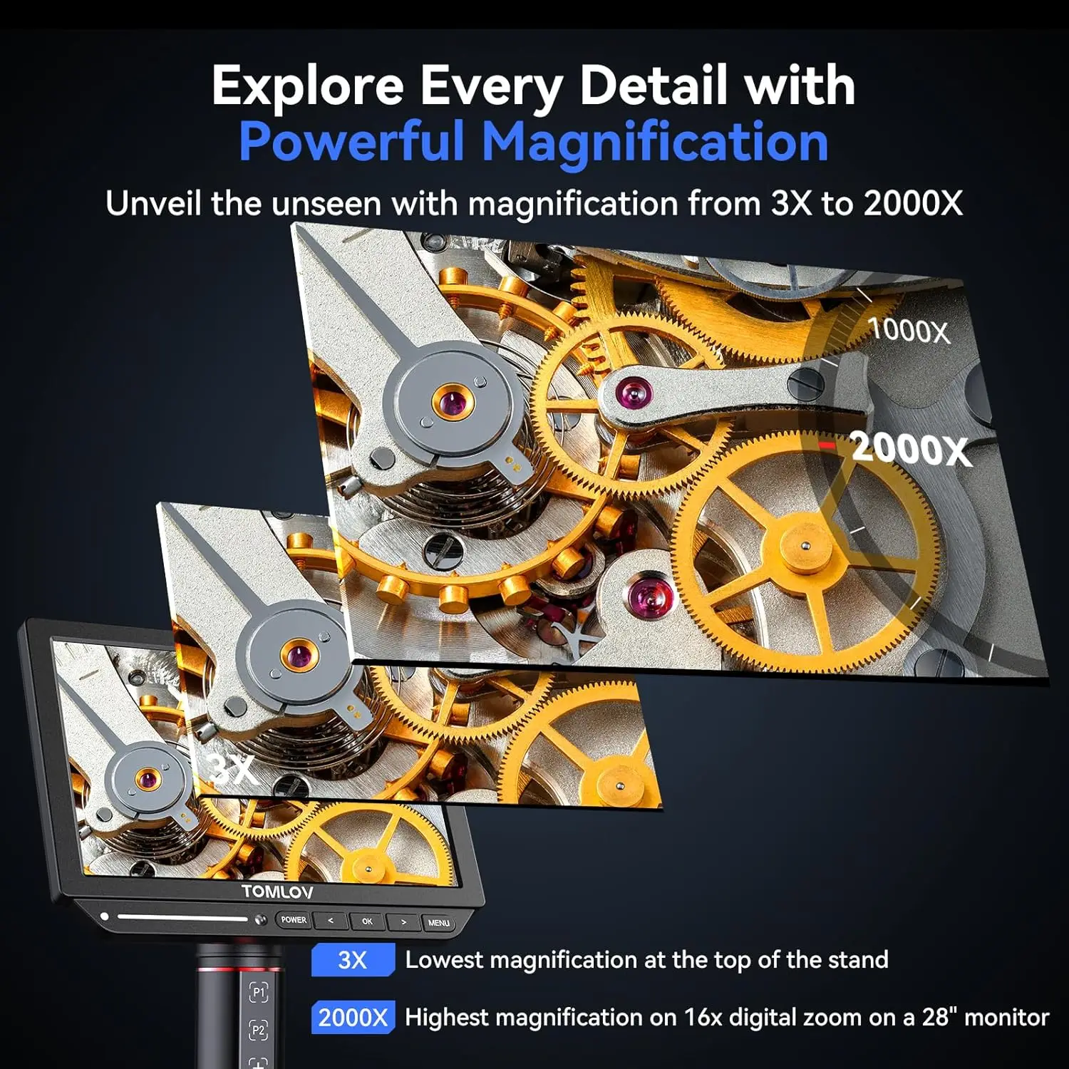 TOMLOV 4K Digital Microscope 2000X Autofocus 8" TM4K-AF Flex Arm HDMI Electronics Soldering Microscope for Mobile Phone Repair