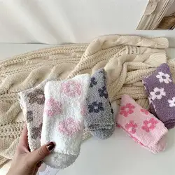 Autumn and winter new women's home coral velvet soft mid-tube socks small fresh fashion flower warm thick women's socks