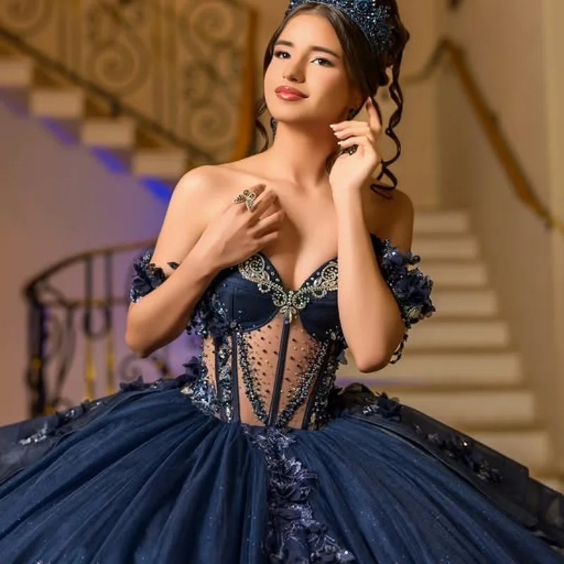 

Customized dark blue Quinceanera Dresses Off the Shoulder crystal decal Lace flower layering Long tail Vestido 15 Quinceanera