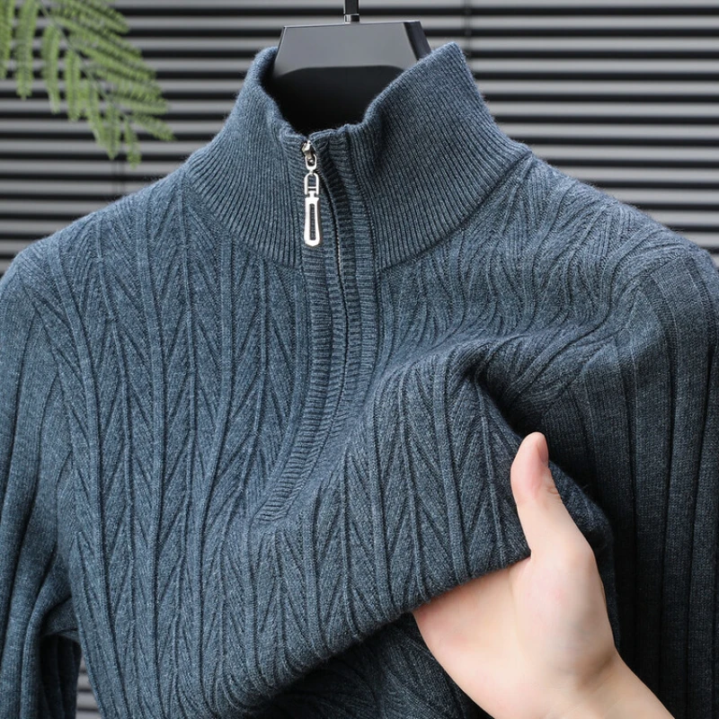 

High-quality Semi-high-neck Men's Business Casual Sweater 2024 New Warm, Stretchy Striped Men's Pullover M-4XL