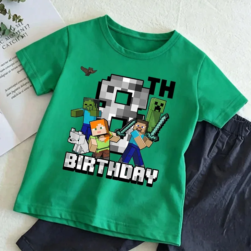 Camiseta infantil com número de jogo pixelizado, camiseta de aniversário para crianças, roupas com padrão de desenho animado, manga curta, roupa verde para crianças, presente