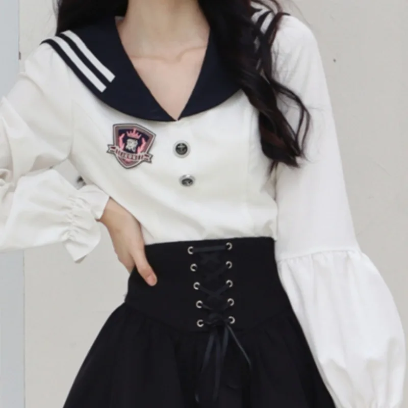 Sweet Lolita Style 2 Piece Skirt Set Women Kawaii Sailor Collar Shirts Slim Mini Skirts Female Korean Fashion JK Uniform Outfit