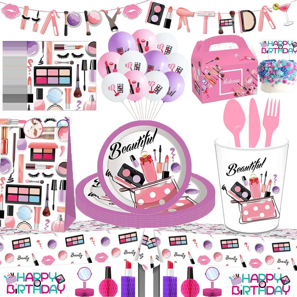 Spa Makeup Theme Party Supplies Disposable Tableware Plates Cups Straws Balloons for Birthday Girls Party Spa Party Decorations