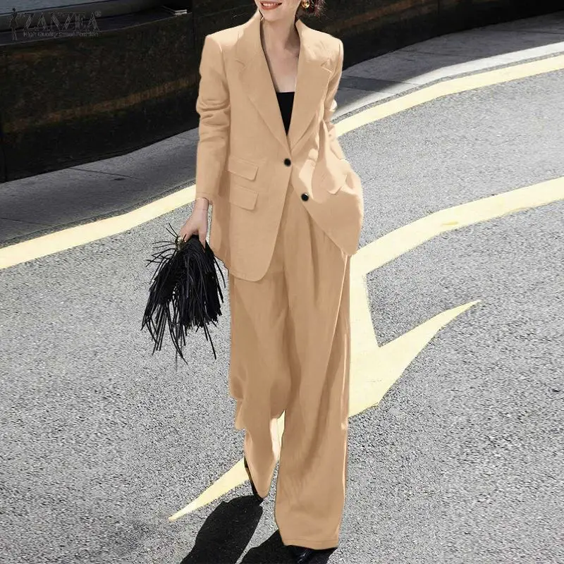 

ZANZEA 2026 Stylish Lapel Long Sleeve Blazer Coats Pant Sets Spring 2 Piece Sets Office Women Outfits Elegant OL Work Tracksuit