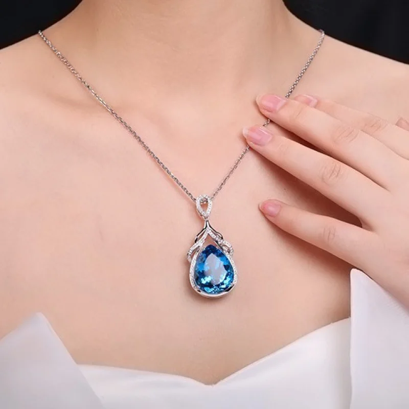 

European and American Luxury Mermaid Tears Necklace Micro Inlaid Zircon Blue Topaz Water Drop Shape Pendant for Women