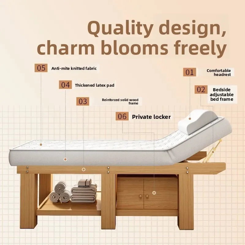 Full Solid Wood Latex Beauty Bed Spa Massage Table for Salon Therapy Tui Na Facial Eyebrow Spa Bed Massage Table Portable