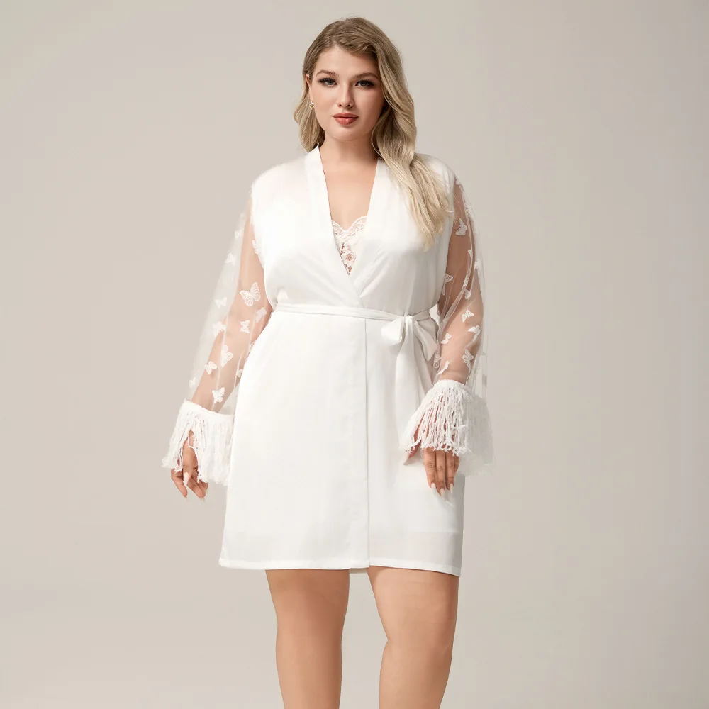 

Female Mesh Long Sleeve Robe Kimono Summer Autumn White Satin Bathrobe Sleepwear Loose Casual Home Loungewear