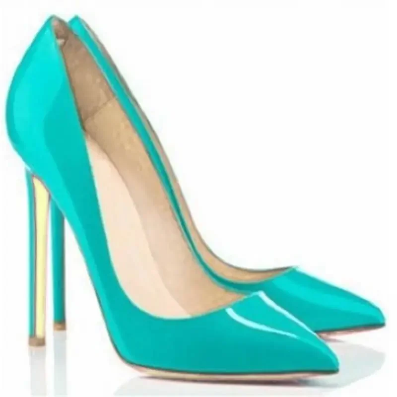 2022 Spring Newest Sky Blue Patent Leather High Heels Girls Pointed Toe Sexy Pumps Big Size 42 Thin Heels Woman Shoe