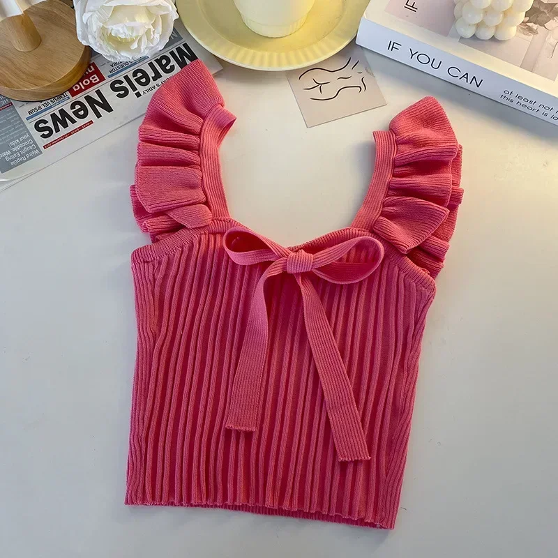 

New Summer Ruffled Knitted Camisole Women Short Tank Top Summer Solid Square Neck Sleeveless Bow Elastic Waist Strap Top