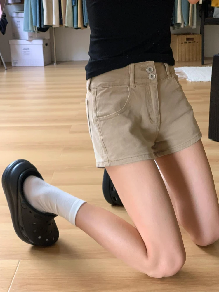 

Американские ретро-шорты из денима цвета хаки для женщин, летние, сексуальные, облегающие, ультра-короткие, с высокой талией, повседневные