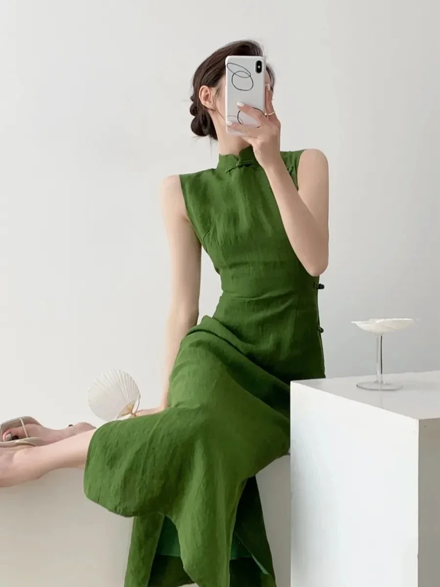 

Vintage Literature Art Dress Chinese Style Temperament Waisted Sleeveless Cheongsam Daily Long Dress Cinching Slit Qipao 2025