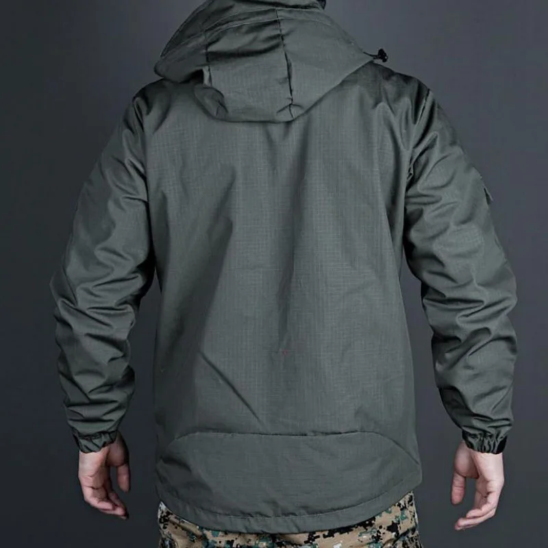 Spring Autumn Tactical Hooded Jackets Mens Outdoor Multiple Pockets Waterproof Hiking Climbing Casual Loose Caots Male