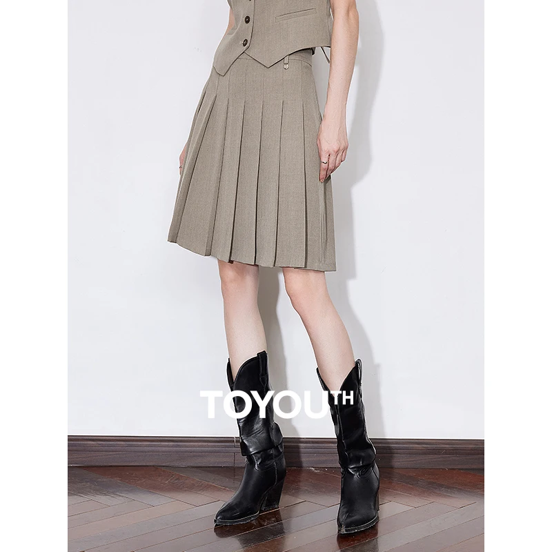 TOYOUTH Women Mid Skirt 2025 Spring New College Style High Waist A Line Pleated Short Skirt